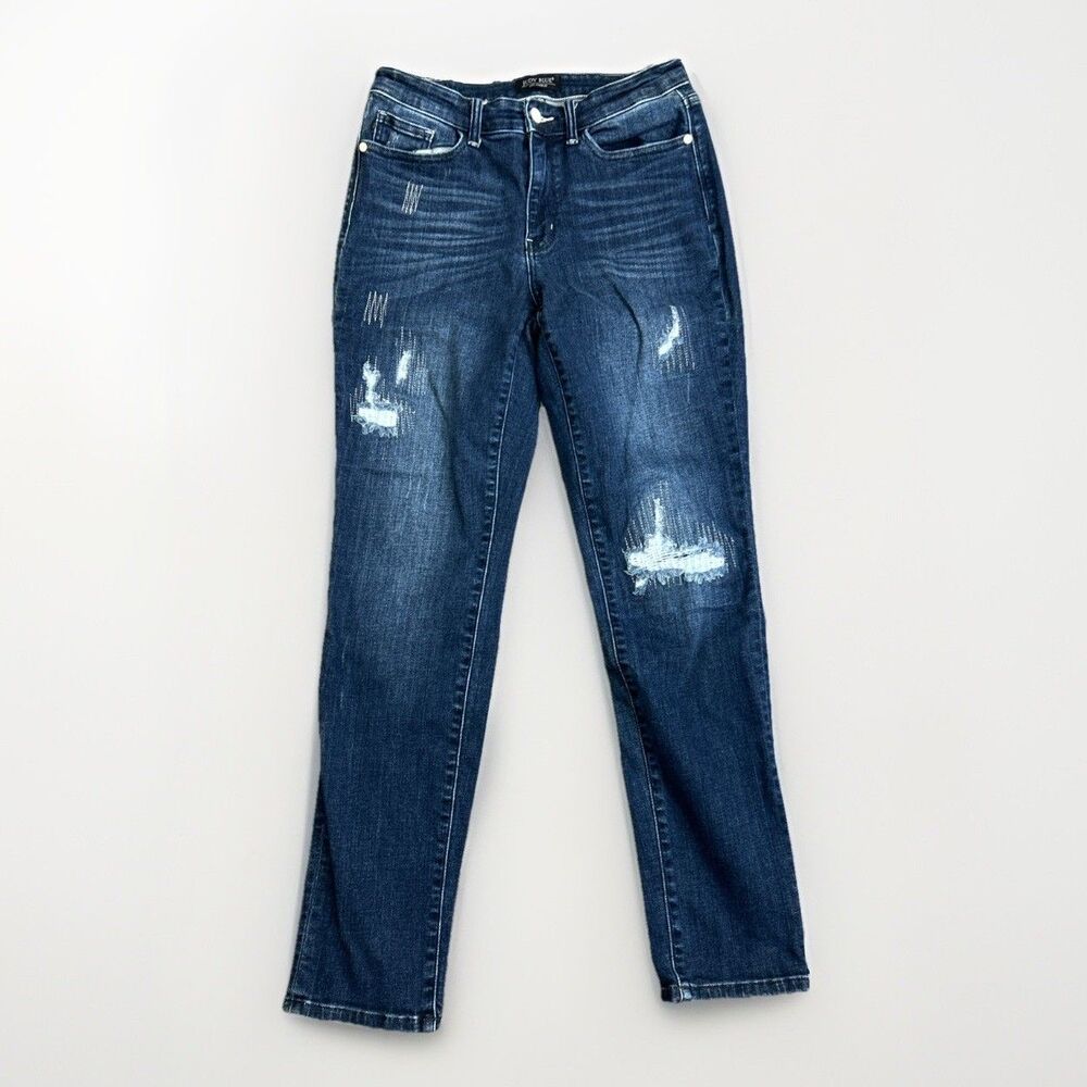 Judy Blue Boyfriend Fit Jeans Women's Sz 9/29 Blue Dark Wash Distressed Stretch